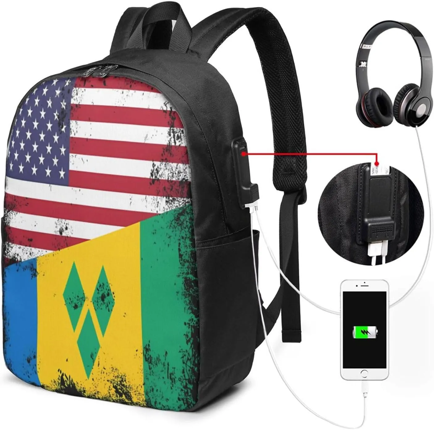 Vintage Half Saint Vincent American Flag Laptop Backpacks Travel Backpack Casual Business Daypack Sport Rucksack Computer Bag Fits up to 17 Inch Notebook with USB Port