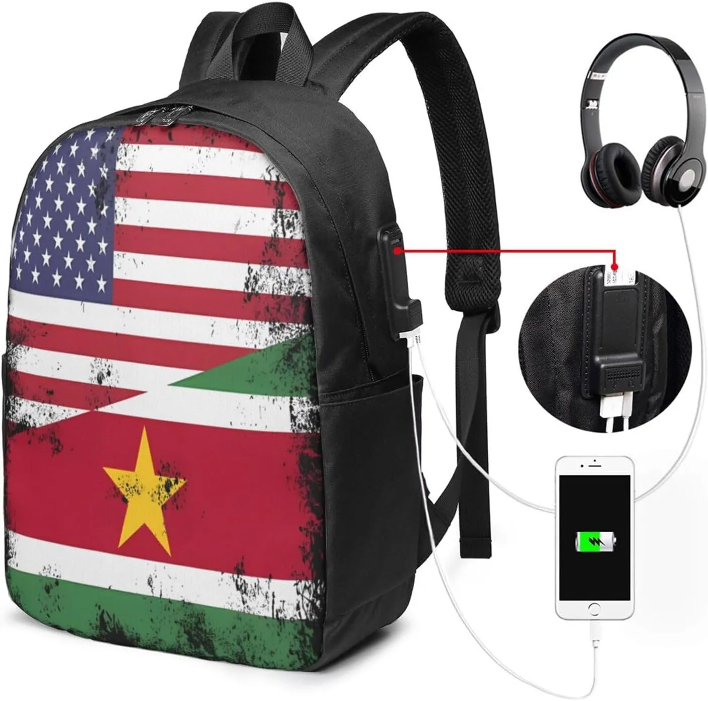 Vintage Half Suriname Surinamese American Flag Laptop Backpacks Travel Backpack Casual Business Daypack Sport Rucksack Computer Bag Fits up to 17 Inch Notebook with USB Port