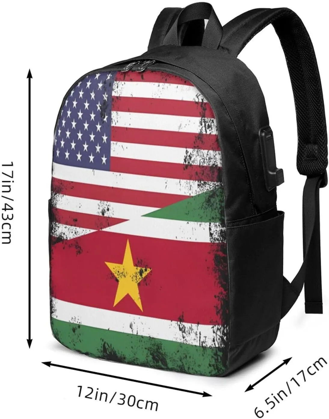 Vintage Half Suriname Surinamese American Flag Laptop Backpacks Travel Backpack Casual Business Daypack Sport Rucksack Computer Bag Fits up to 17 Inch Notebook with USB Port