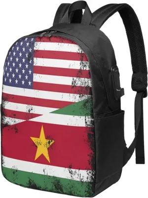 Vintage Half Suriname Surinamese American Flag Laptop Backpacks Travel Backpack Casual Business Daypack Sport Rucksack Computer Bag Fits up to 17 Inch Notebook with USB Port