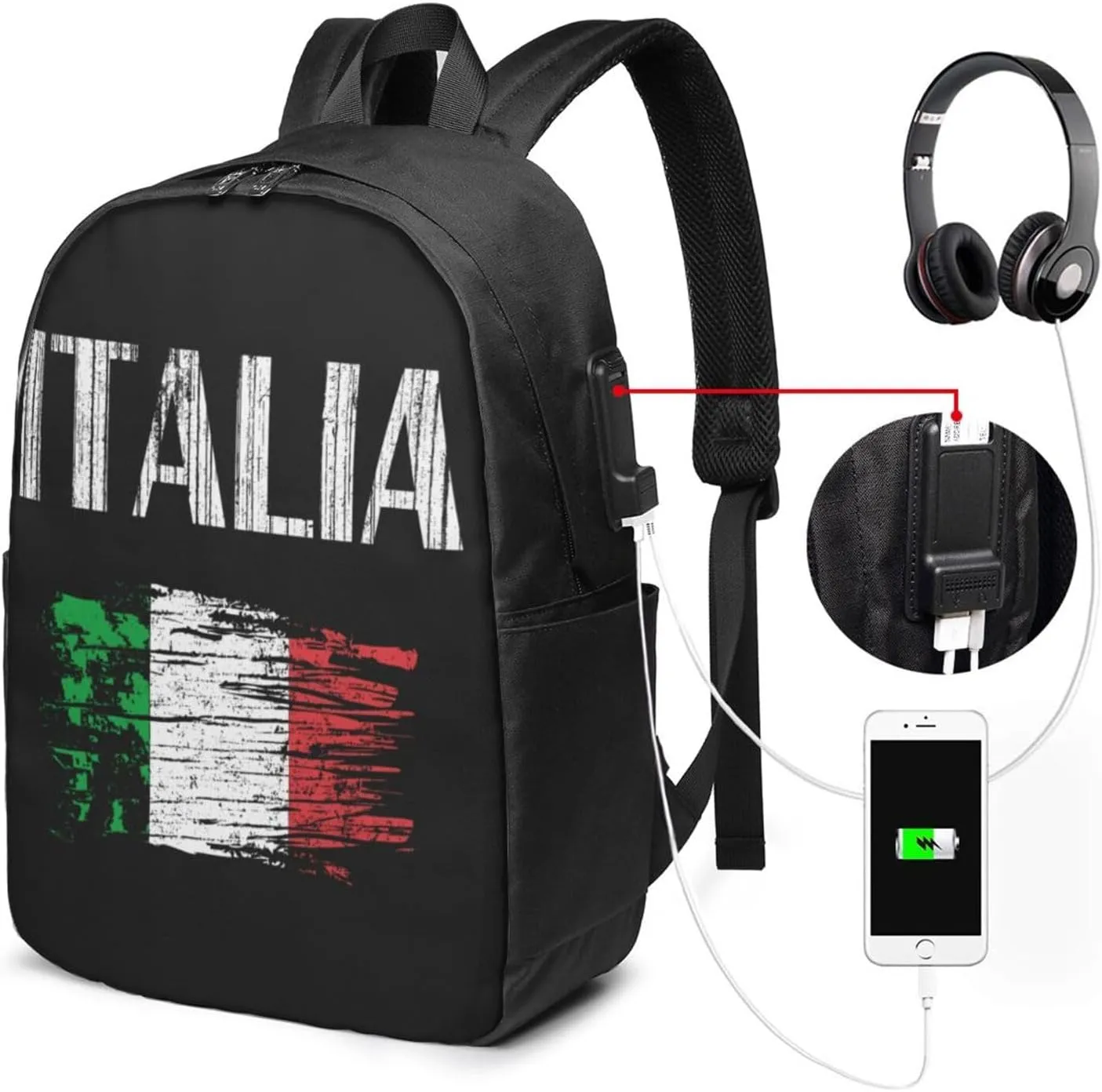 Vintage Italia Italy Italian Flag Laptop Backpacks Travel Backpack Casual Business Daypack Sport Rucksack Computer Bag Fits up to 17 Inch Notebook with USB Port