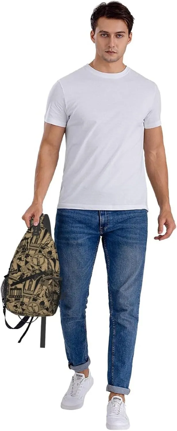 Vintage Landmarks Travel Labels London Cross Chest Bag Diagonally Hiking Crossbody Bag Travel Shoulder Daypack Lightweight Sling Backpack Cycling Daypacks Fitness Chest Backpacks