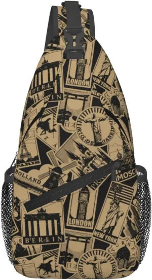 Vintage Landmarks Travel Labels London Cross Chest Bag Diagonally Hiking Crossbody Bag Travel Shoulder Daypack Lightweight Sling Backpack Cycling Daypacks Fitness Chest Backpacks