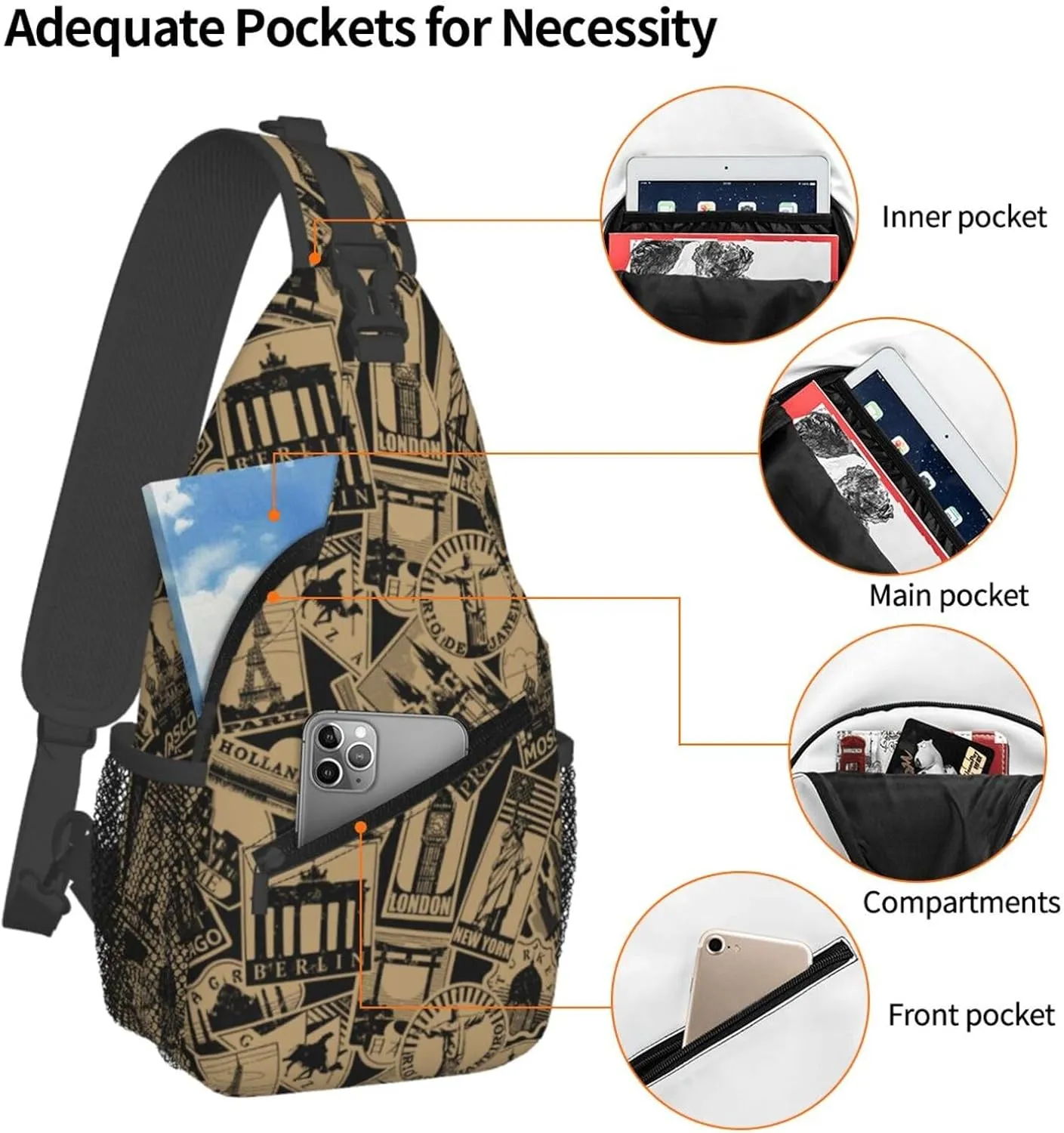 Vintage Landmarks Travel Labels London Cross Chest Bag Diagonally Hiking Crossbody Bag Travel Shoulder Daypack Lightweight Sling Backpack Cycling Daypacks Fitness Chest Backpacks