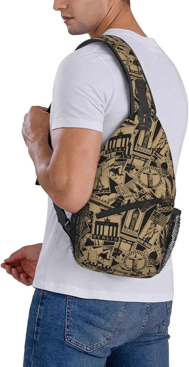 Vintage Landmarks Travel Labels London Cross Chest Bag Diagonally Hiking Crossbody Bag Travel Shoulder Daypack Lightweight Sling Backpack Cycling Daypacks Fitness Chest Backpacks