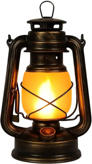 Vintage LED Camping Lantern with Flame Effect, Rechargeable Rustic Kerosene Style Lamp with Dimmable Light Modes, Hanging Lantern for Outdoor, Camping, Emergency, Patio, Home Décor – Antique Bronze