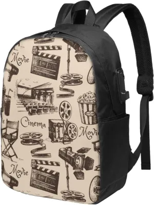 Vintage Movie Film Cinema Pattern Backpack, 17 Inch Travel Business Laptop Backpack With USB Port for Women Men