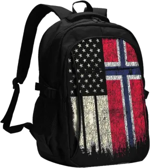 Vintage Norwegian American Flag Business Laptop Backpack Travel Backpacks Outdoor Rucksack Large Bag Daypack with USB Charging Port Multi-Pocket for Hiking Camping