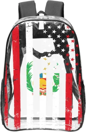 Vintage Peru Peruvian American Flag 16 Inch Clear PVC Backpacks Transparent Backpack Multipurpose Double Shoulder Bag for Men Women Gifts