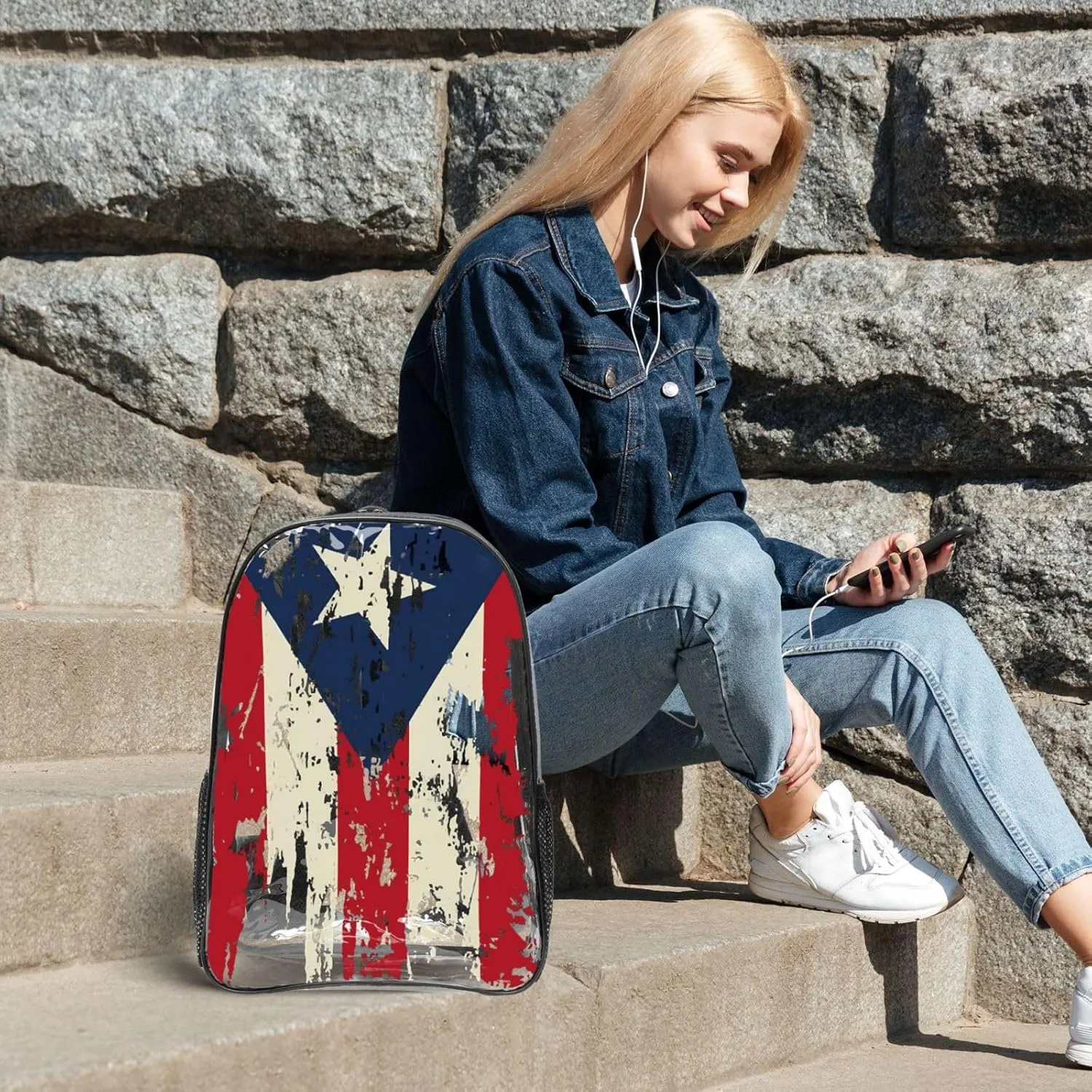 Vintage Puerto Rican Flag Pride 16 Inch Clear PVC Backpacks Transparent Backpack Multipurpose Double Shoulder Bag for Men Women Gifts