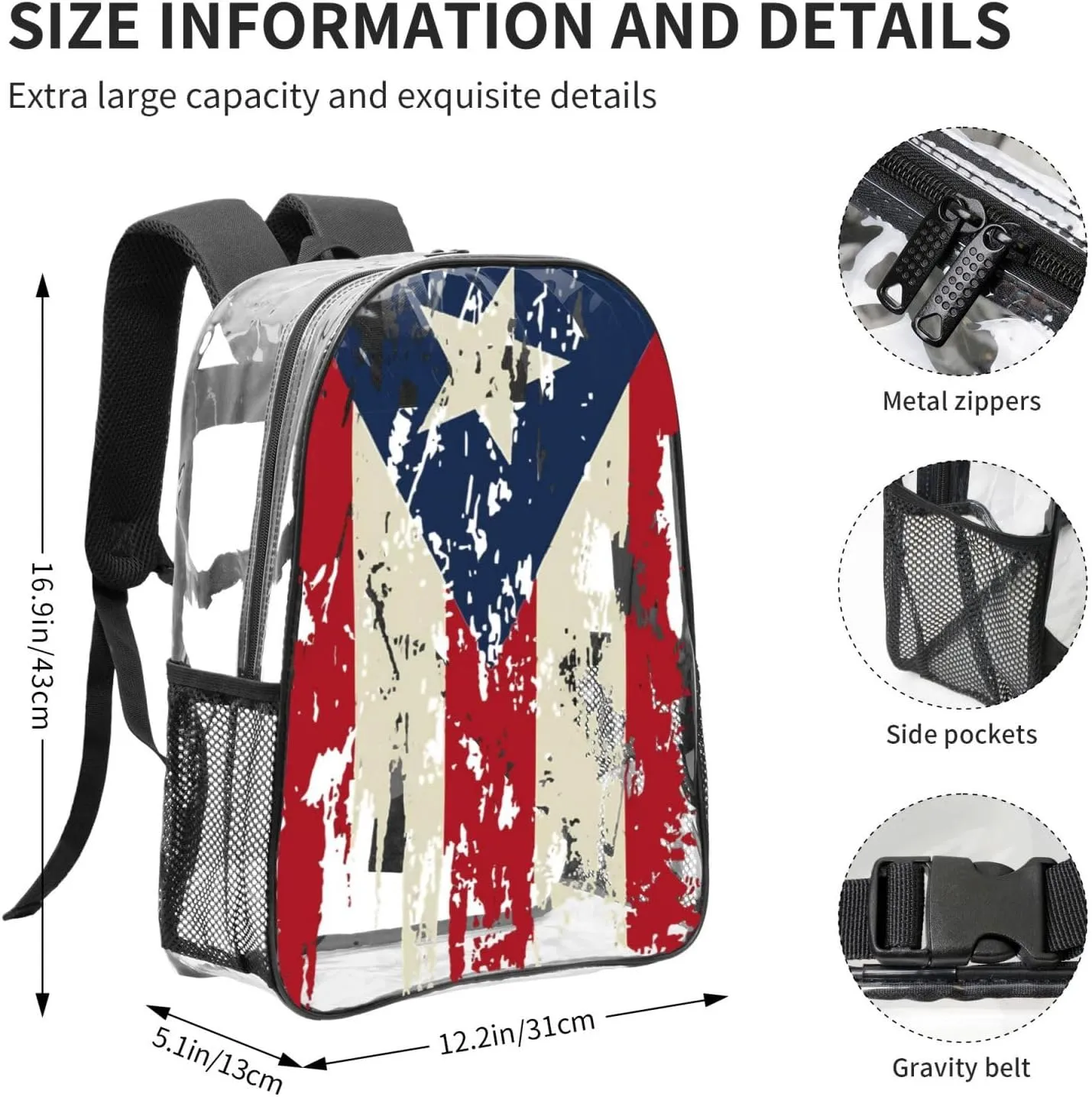 Vintage Puerto Rican Flag Pride 16 Inch Clear PVC Backpacks Transparent Backpack Multipurpose Double Shoulder Bag for Men Women Gifts