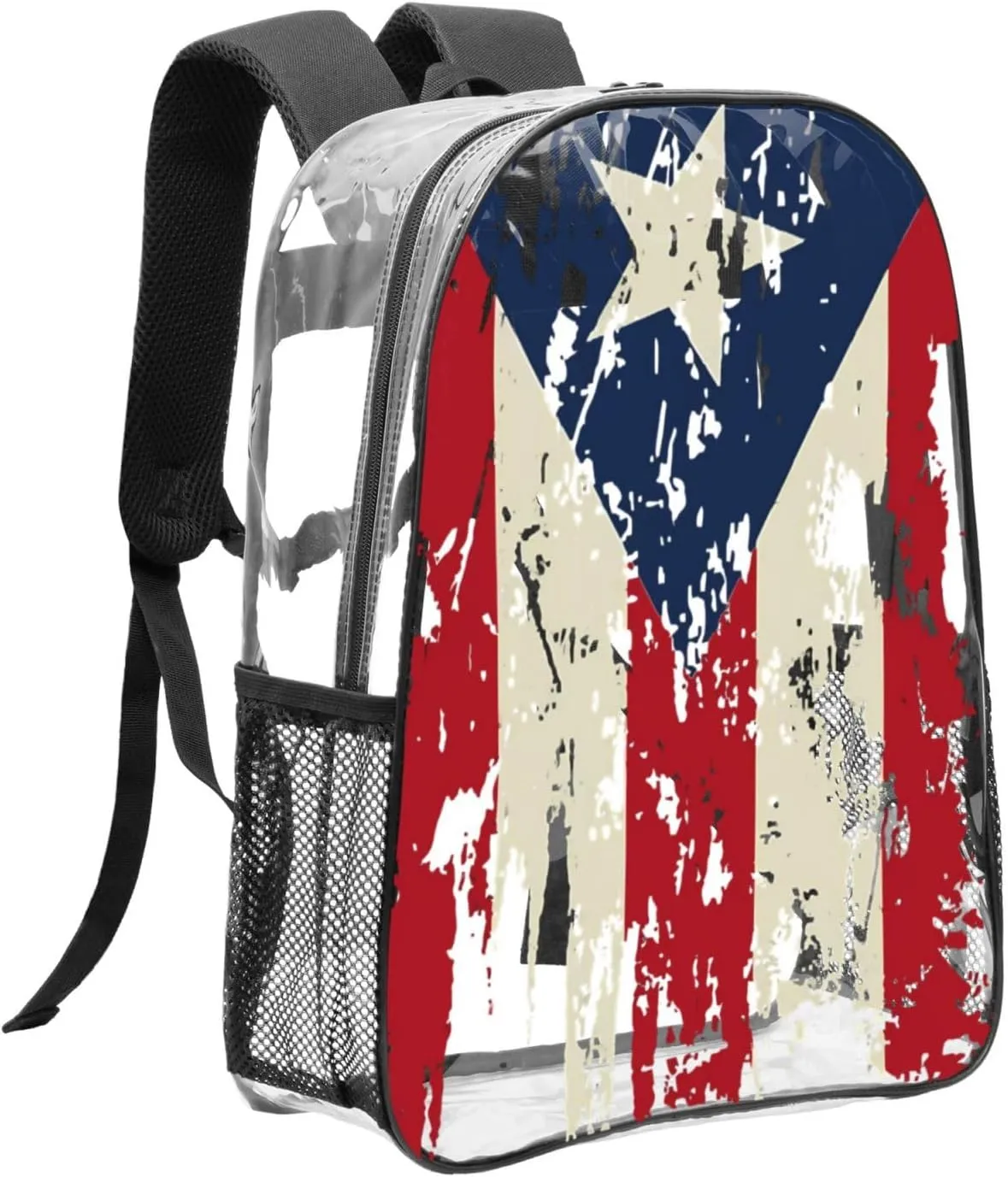 Vintage Puerto Rican Flag Pride 16 Inch Clear PVC Backpacks Transparent Backpack Multipurpose Double Shoulder Bag for Men Women Gifts