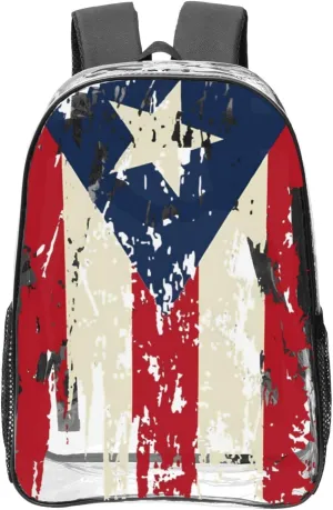 Vintage Puerto Rican Flag Pride 16 Inch Clear PVC Backpacks Transparent Backpack Multipurpose Double Shoulder Bag for Men Women Gifts