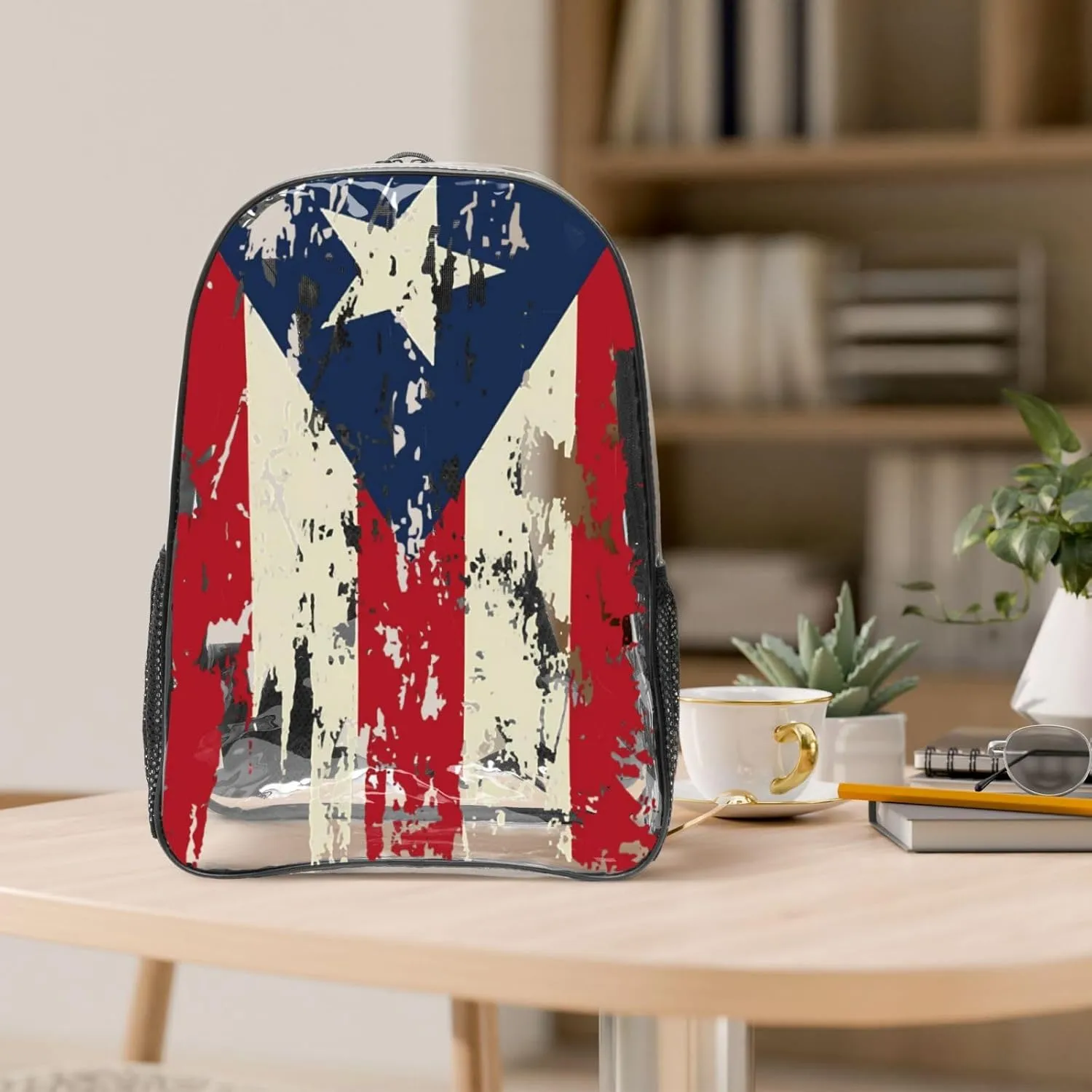 Vintage Puerto Rican Flag Pride 16 Inch Clear PVC Backpacks Transparent Backpack Multipurpose Double Shoulder Bag for Men Women Gifts
