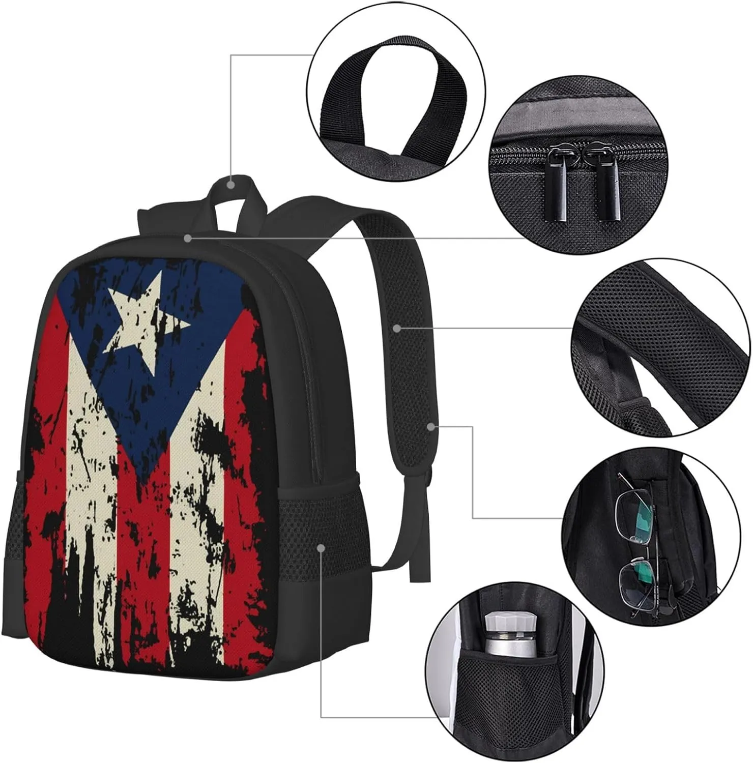 Vintage Puerto Rican Flag Pride Casual Backpacks Large Capacity Backpack Laptop Rucksack Sport Daypack Commuter Bags with Adjustable Strap for Traveling Camping