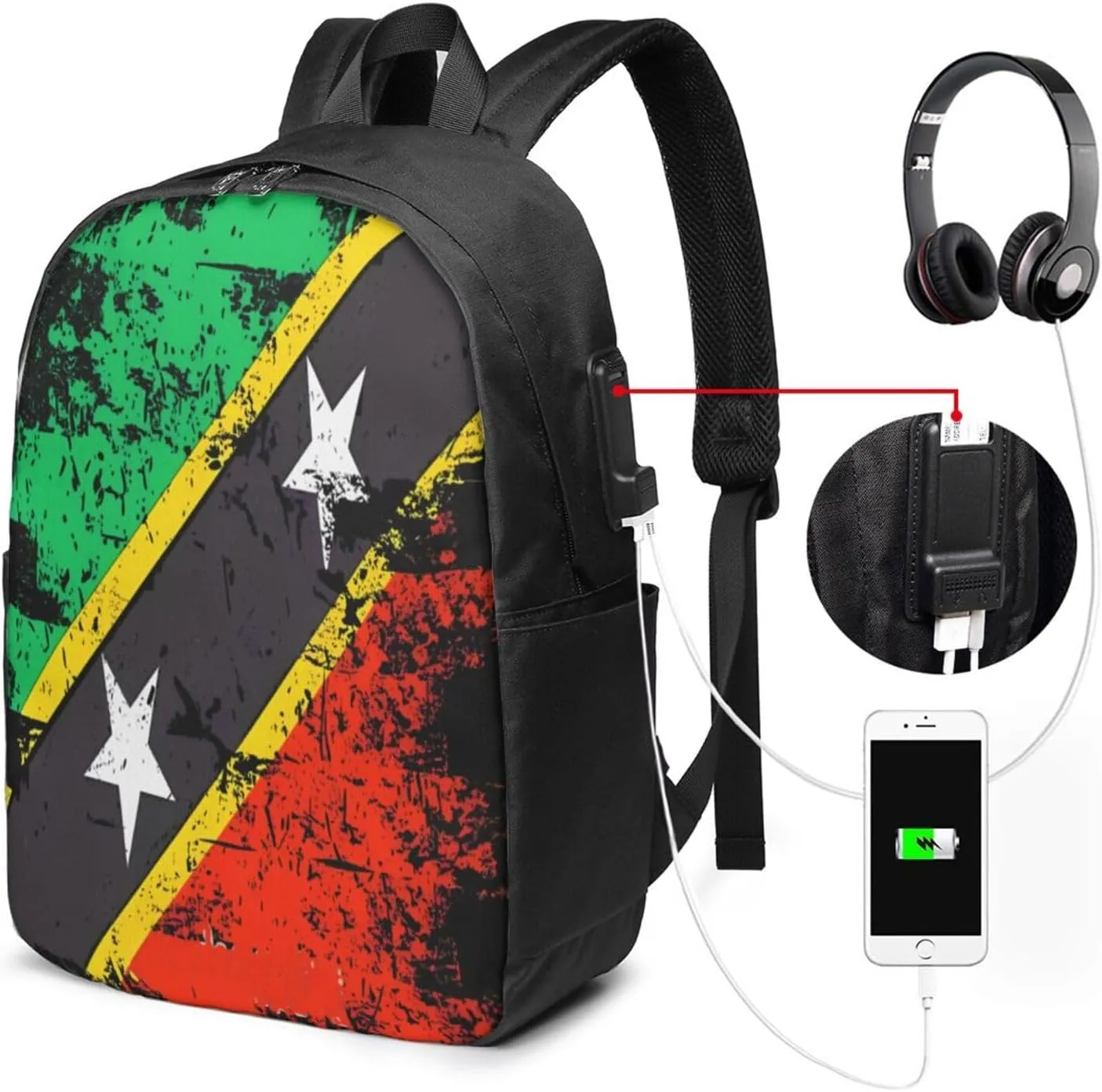 Vintage Saint Kitts Nevis Flag Laptop Backpacks Travel Backpack Casual Business Daypack Sport Rucksack Computer Bag Fits up to 17 Inch Notebook with USB Port