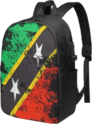 Vintage Saint Kitts Nevis Flag Laptop Backpacks Travel Backpack Casual Business Daypack Sport Rucksack Computer Bag Fits up to 17 Inch Notebook with USB Port