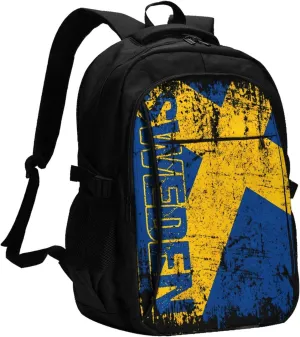 Vintage Swedish Sweden Flag Business Laptop Backpack Travel Backpacks Outdoor Rucksack Large Bag Daypack with USB Charging Port Multi-Pocket for Hiking Camping