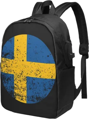 Vintage Swedish Sweden Flag Laptop Backpacks Travel Backpack Casual Business Daypack Sport Rucksack Computer Bag Fits up to 17 Inch Notebook with USB Port