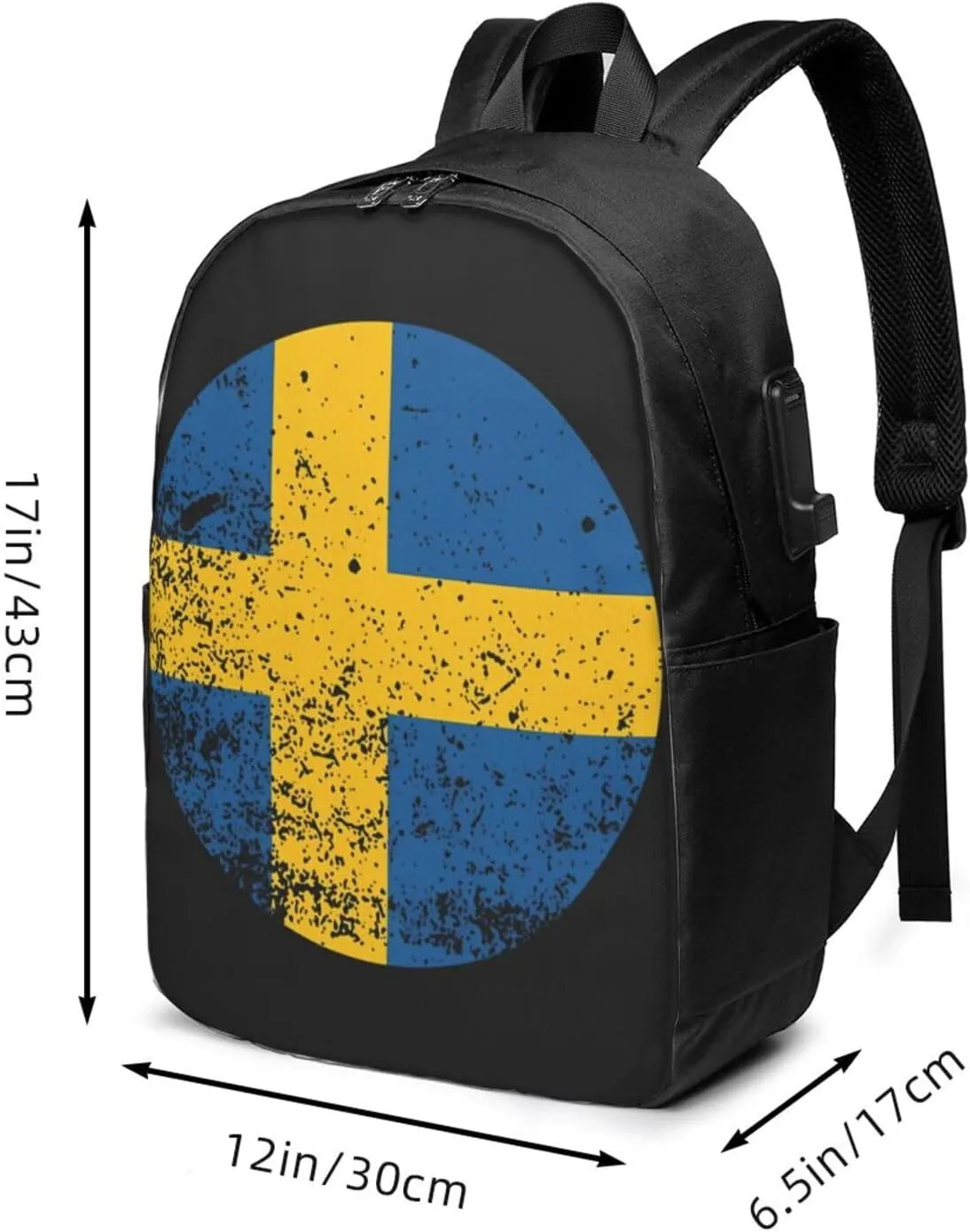 Vintage Swedish Sweden Flag Laptop Backpacks Travel Backpack Casual Business Daypack Sport Rucksack Computer Bag Fits up to 17 Inch Notebook with USB Port