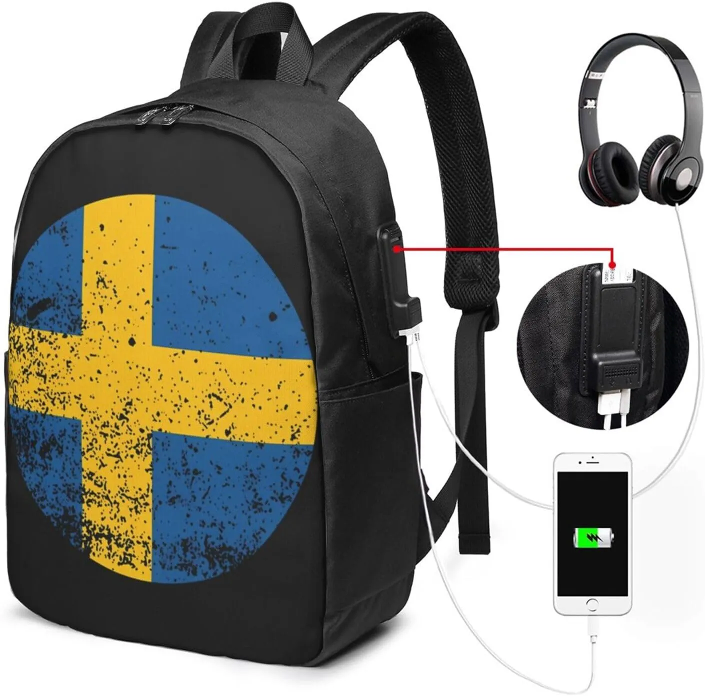 Vintage Swedish Sweden Flag Laptop Backpacks Travel Backpack Casual Business Daypack Sport Rucksack Computer Bag Fits up to 17 Inch Notebook with USB Port