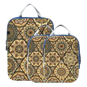 Vintage Tribal Mandala Flowers Islam, Arabic, Indian, Ottoman Motifs 3 Set Packing Cubes, Waterproof Check Oxford cloth Organizers, Travel Packing Toiletry Storage Bag