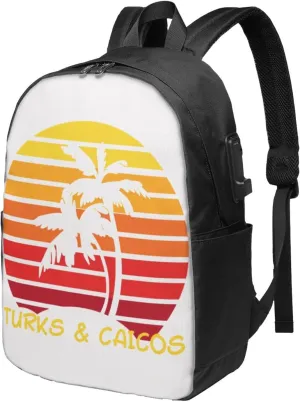 Vintage Turks Caicos Islands Flag Sunset Ocean Laptop Backpacks Travel Backpack Casual Business Daypack Sport Rucksack Computer Bag Fits up to 17 Inch Notebook with USB Port