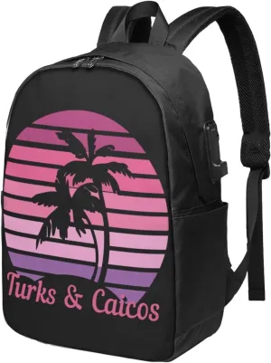 Vintage Turks Caicos Islands Flag Tropical Beach Laptop Backpacks Travel Backpack Casual Business Daypack Sport Rucksack Computer Bag Fits up to 17 Inch Notebook with USB Port