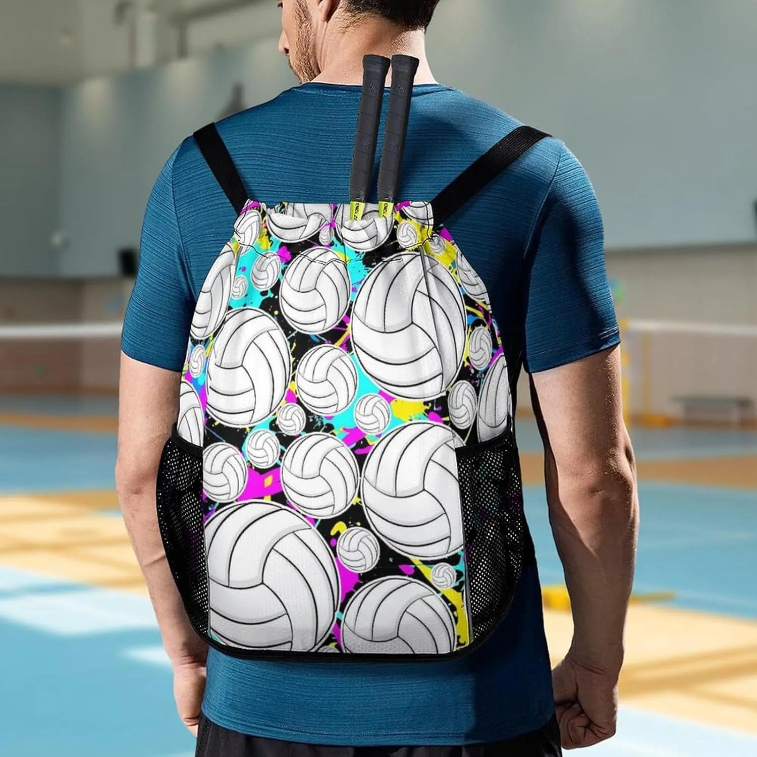 Volleyball Drawstring Backpack - Cool Cinch Sack, String Backpacks with Pocket for Kids Women Men Boys Girls for Gym Outdoor Sports Travel Athletic Drawstring Bag - Lightweight/Foldable