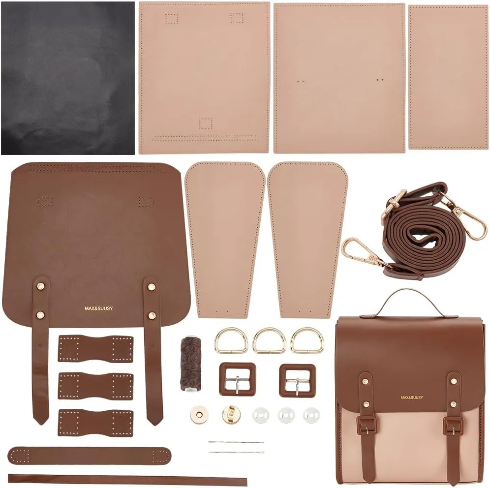 WADORN DIY Leather Backpack Satchel Making Kit, PU Leather College School Bookbag Craft Sewing Kit Women Vintage Handmade Messenger Bag Material Craft Tool Set Personalized Gift, 10.6x12.2 Inch, Brown