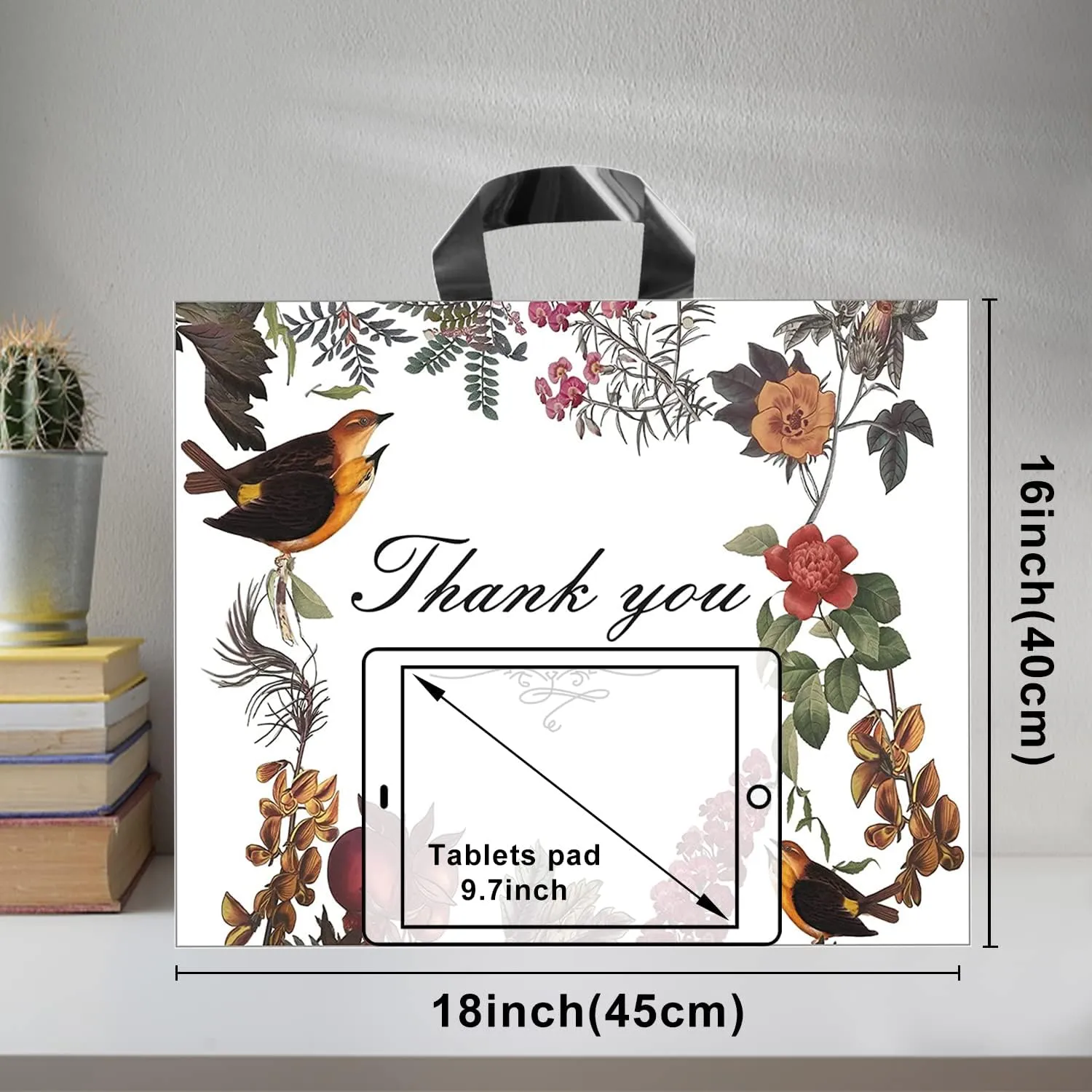 WAKAKO 60 Pack Thank You Bags for Business, Reusable Plastic Shopping etail Gift Bags with Loop Handle, Retail Boutique Merchandise Use Eco-Friendly Floral (18" W x 16" H)
