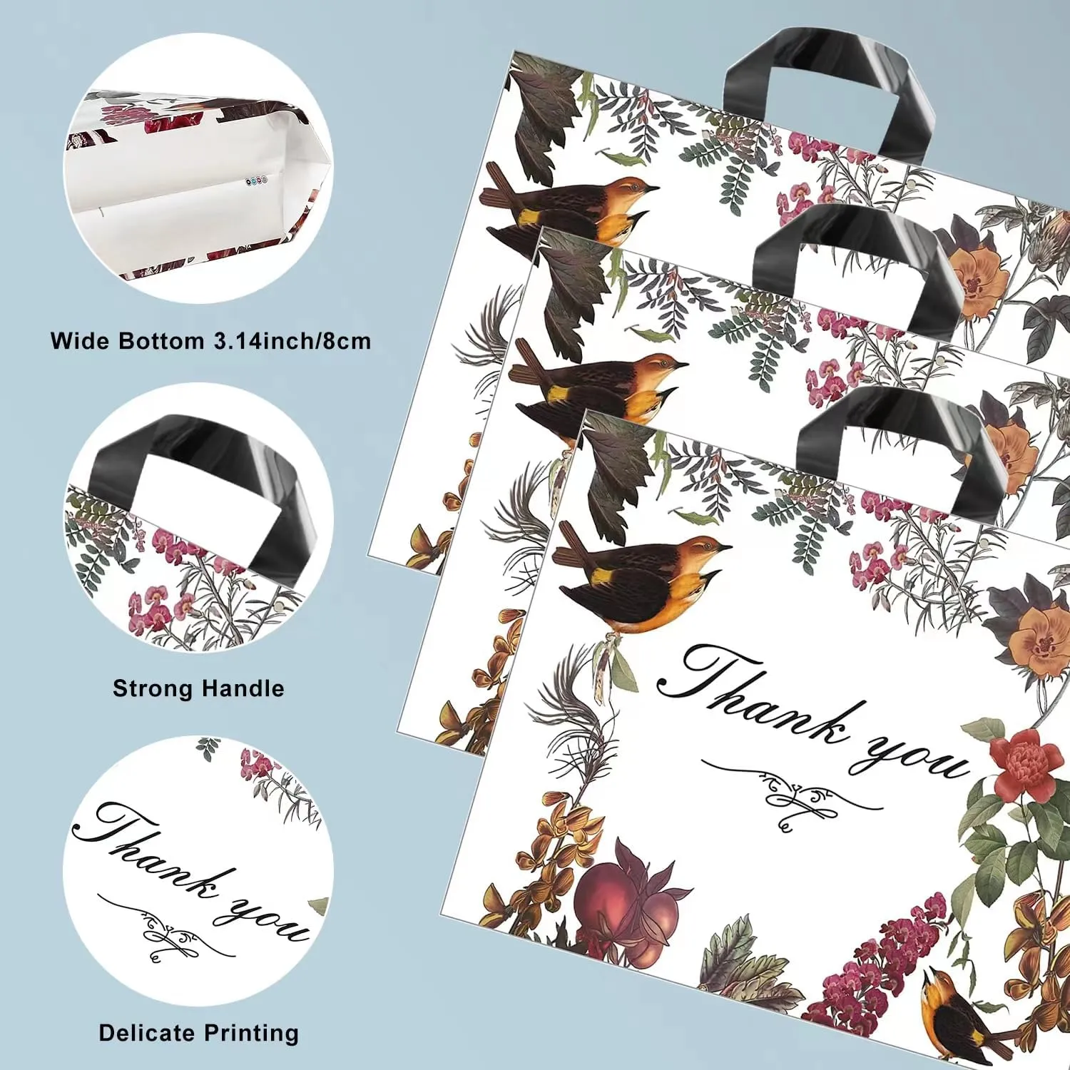 WAKAKO 60 Pack Thank You Bags for Business, Reusable Plastic Shopping Retail Gift Bags with Loop Handle, Retail Boutique Merchandise Use Eco-Friendly Floral (15" W x 12" H)
