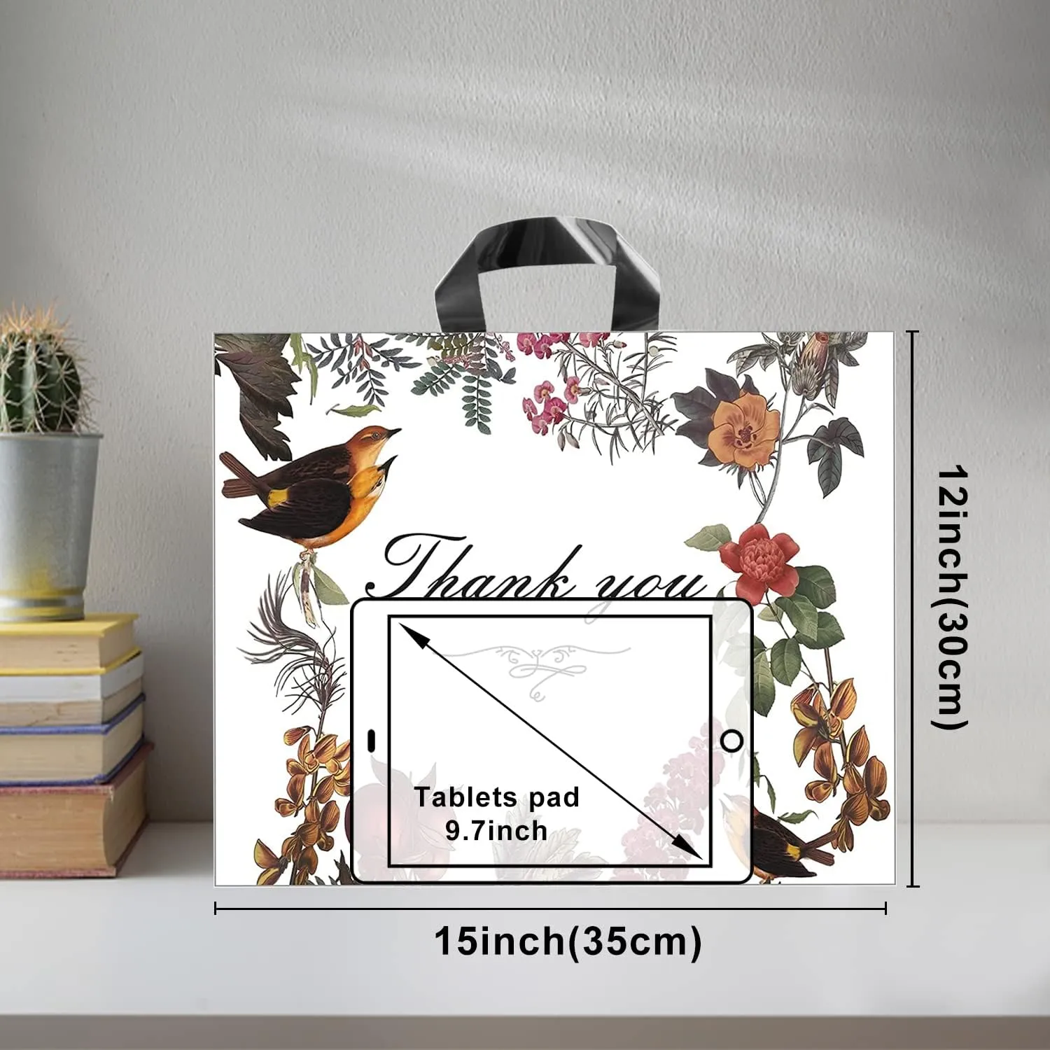WAKAKO 60 Pack Thank You Bags for Business, Reusable Plastic Shopping Retail Gift Bags with Loop Handle, Retail Boutique Merchandise Use Eco-Friendly Floral (15" W x 12" H)