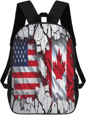 Wall Cracked American Canada Flag Travel Backpack 17 Inch Laptop Daypack Shoulder Bag with Adjustable Shoulder Straps for Men Women