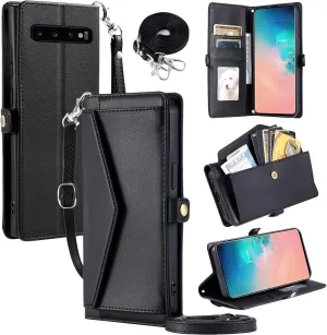 Wallet Case for Samsung Galaxy S10 Plus with Wrist Strap Shoulder Strap Card Holder Shockproof Soft PU Leather Magnetic Snap Pocket Stand Phone Cover S10  S10plus 10S Edge S 10 Women Black