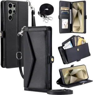 Wallet Case for Samsung Galaxy S24 Ultra 5G with Wrist Strap Shoulder Strap Card Holder Shockproof Soft PU Leather Magnetic Snap Pocket Stand Phone Cover S24Ultra 24S S 24 24Ultra Women Black