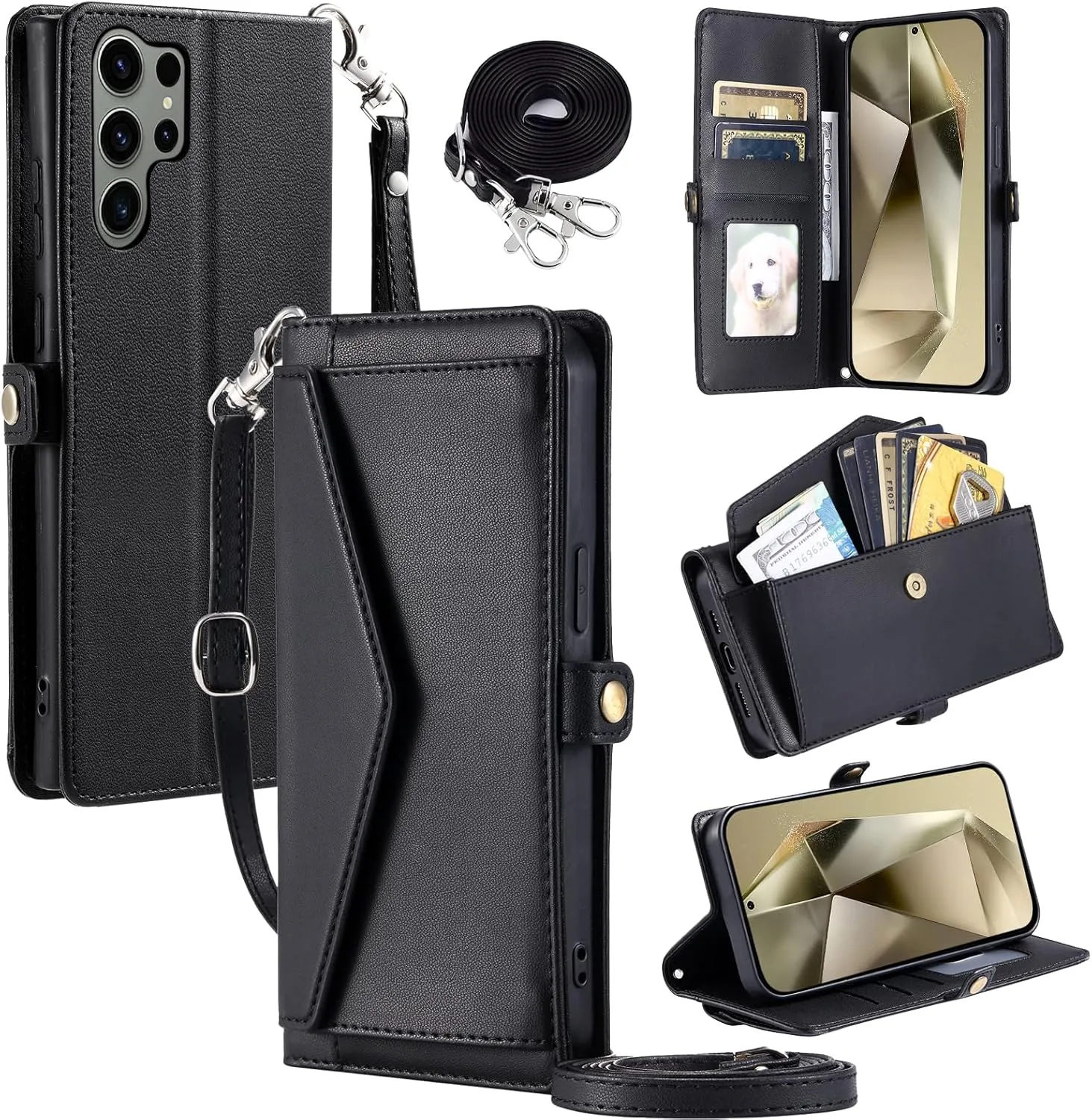 Wallet Case for Samsung Galaxy S24 Ultra 5G with Wrist Strap Shoulder Strap Card Holder Shockproof Soft PU Leather Magnetic Snap Pocket Stand Phone Cover S24Ultra 24S S 24 24Ultra Women Black