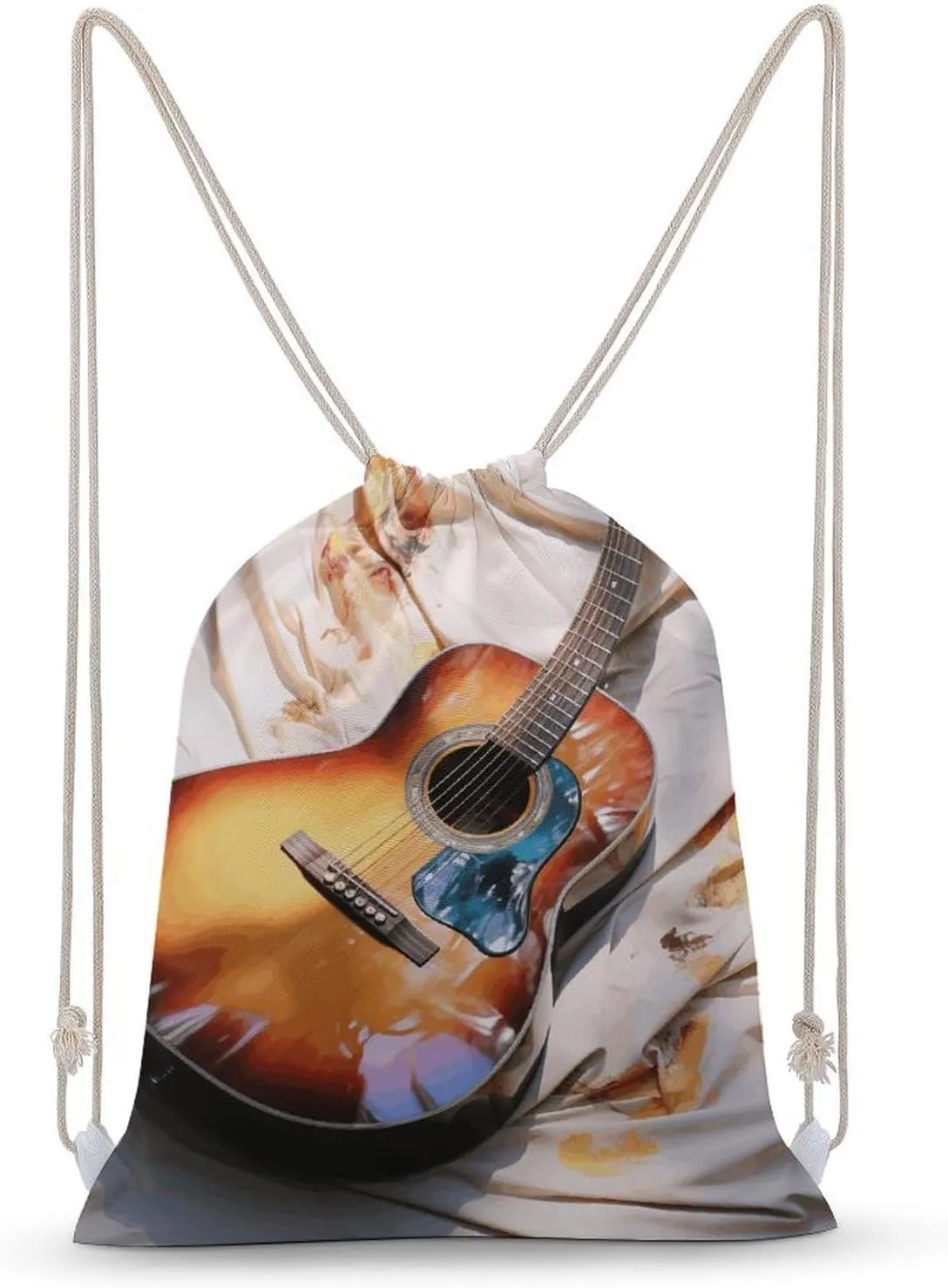 Watercolor Acoustic Guitar Drawstring Backpack for Women Men Drawstring Bag for Travel Swimming Sports Gym Bag