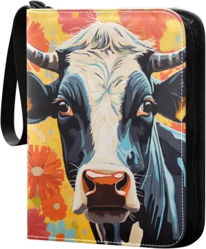 Watercolor Cattle with Colorful Daisy Card Binder 4 Pocket Trading Card Binder Portable Cards Collection Book with Zipper