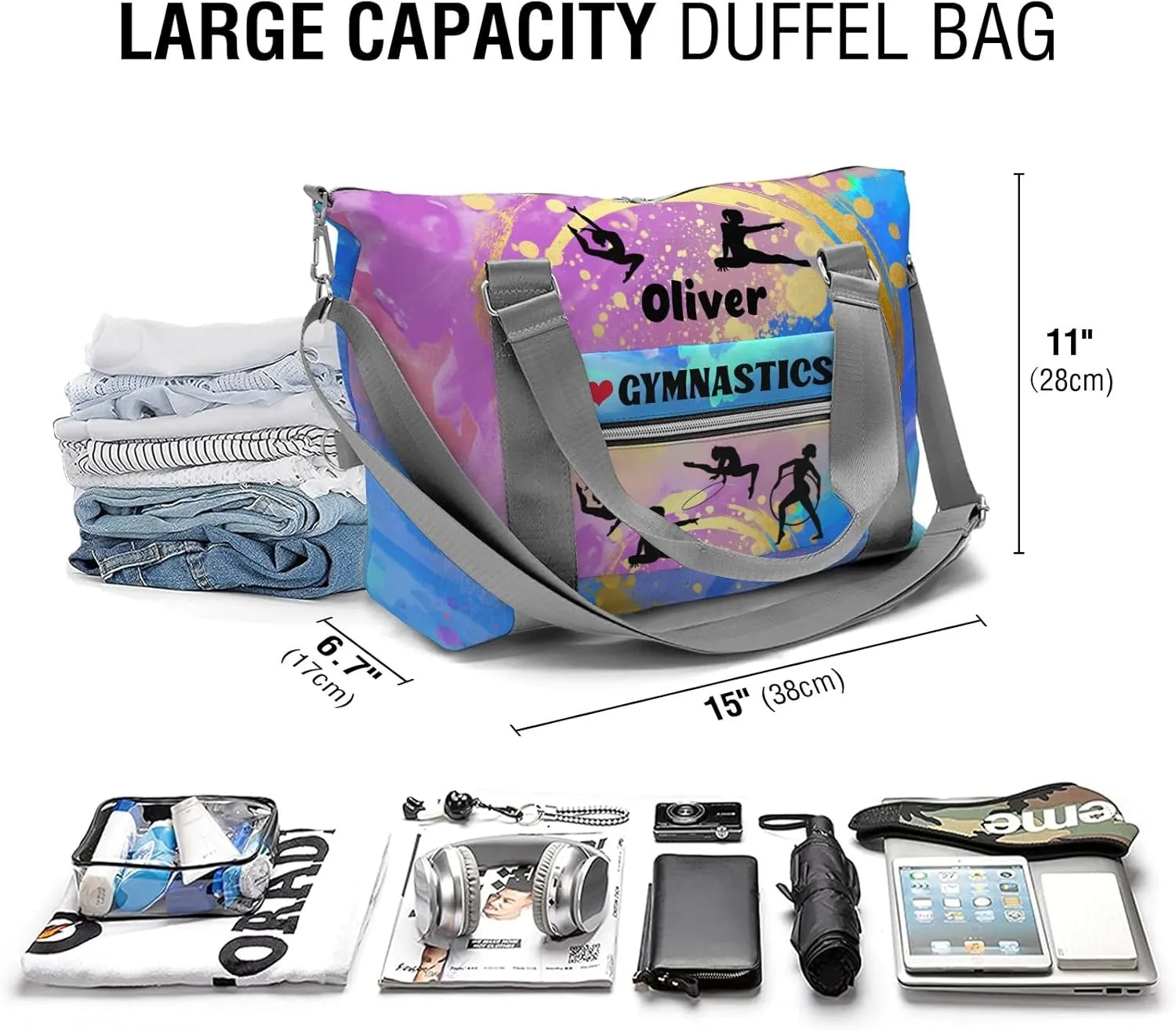 Watercolor Rainbow Love GymnasticsCustom Duffel Bag Sports Gym Bags Travel Weekender Overnight Bag for Girls Boys,Personalized Gymnastics Sleepover Bag Carry-on Bags Lightweight Work Out Bags
