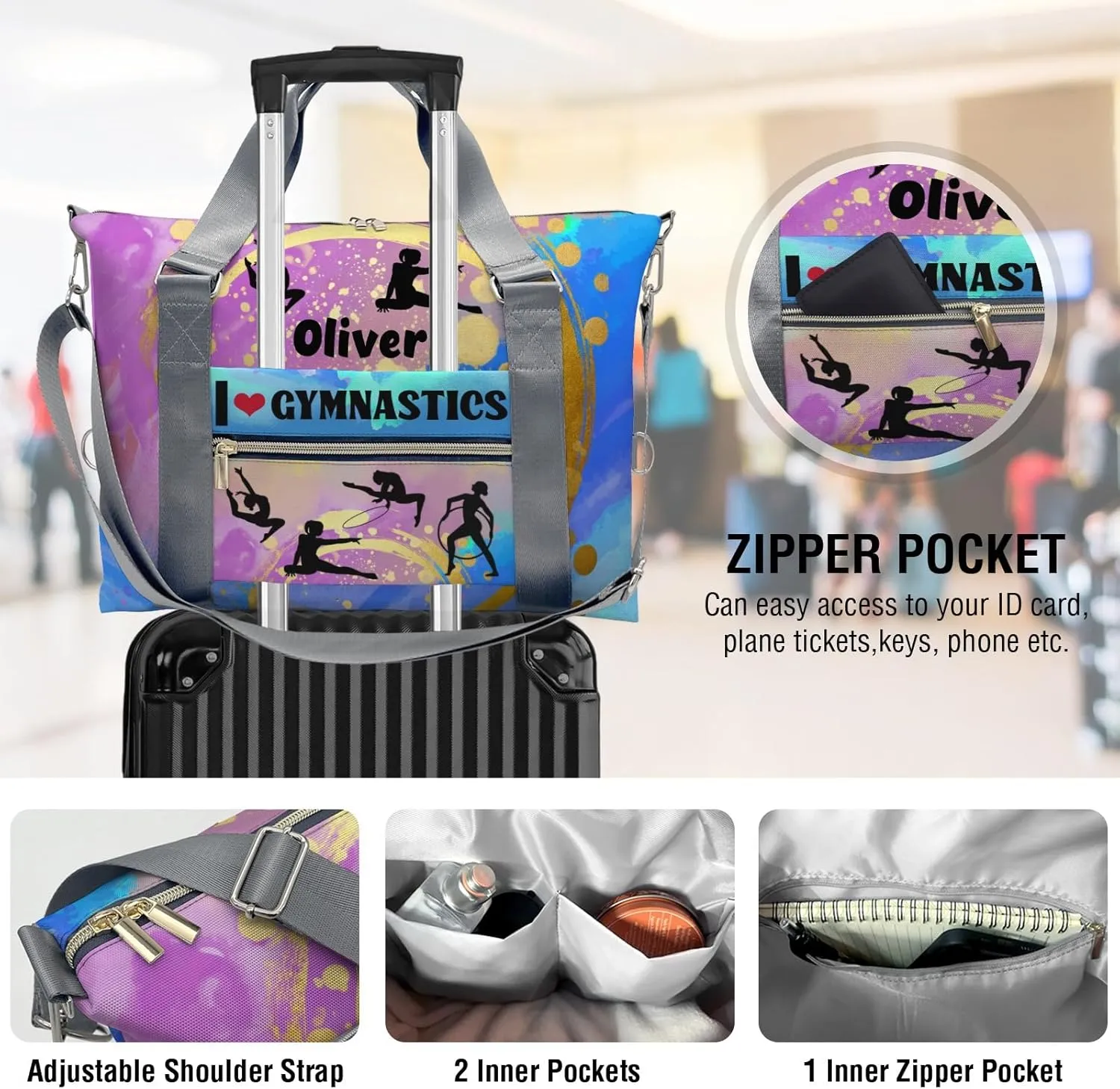 Watercolor Rainbow Love GymnasticsCustom Duffel Bag Sports Gym Bags Travel Weekender Overnight Bag for Girls Boys,Personalized Gymnastics Sleepover Bag Carry-on Bags Lightweight Work Out Bags
