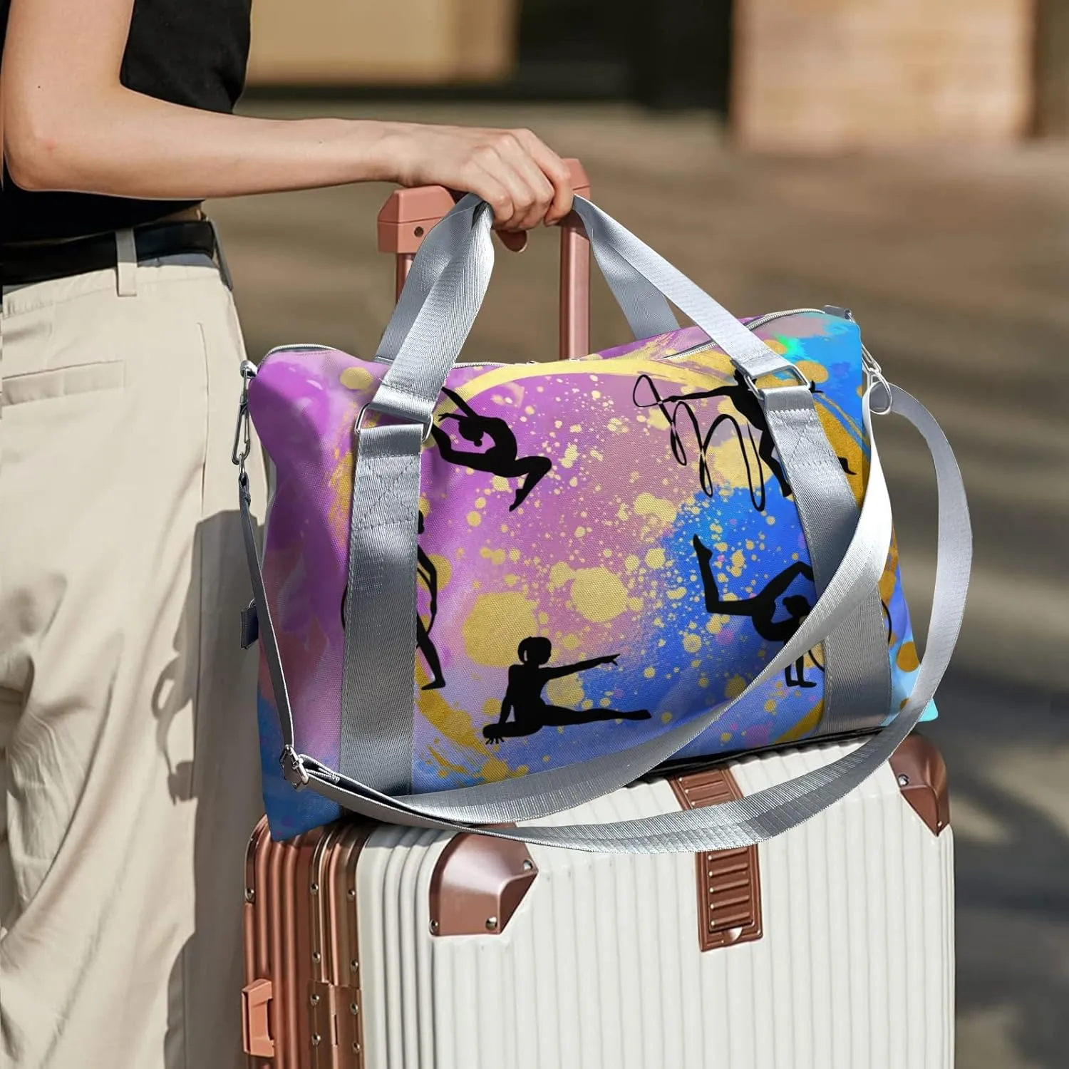 Watercolor Rainbow Love GymnasticsCustom Duffel Bag Sports Gym Bags Travel Weekender Overnight Bag for Girls Boys,Personalized Gymnastics Sleepover Bag Carry-on Bags Lightweight Work Out Bags