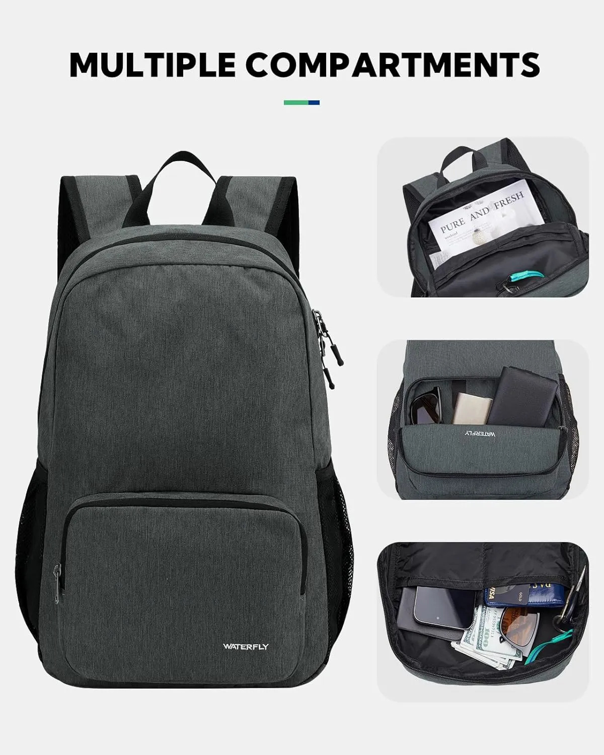 WATERFLY Lightweight Packable Hiking Backpack: 20L Small Foldable Travel Bag Resistant Backpacks for Women Men Camping Vacation Beach Park Outdoor Sports Daypack