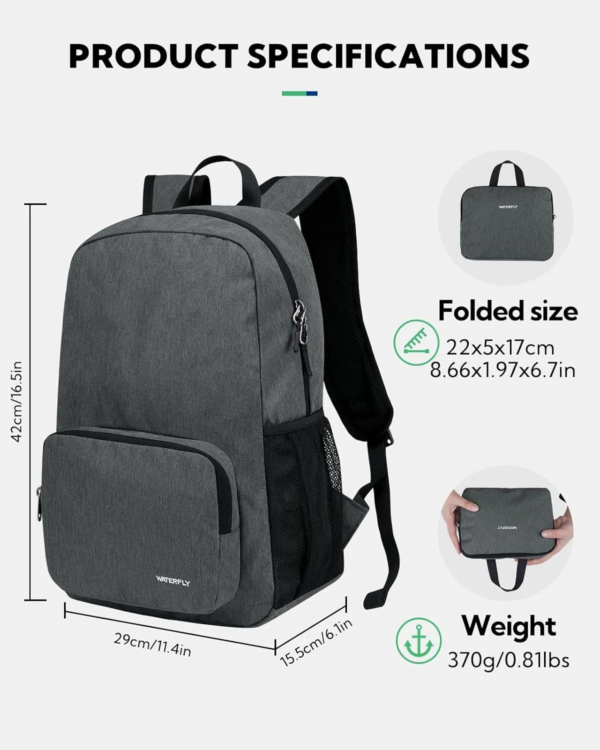 WATERFLY Lightweight Packable Hiking Backpack: 20L Small Foldable Travel Bag Resistant Backpacks for Women Men Camping Vacation Beach Park Outdoor Sports Daypack