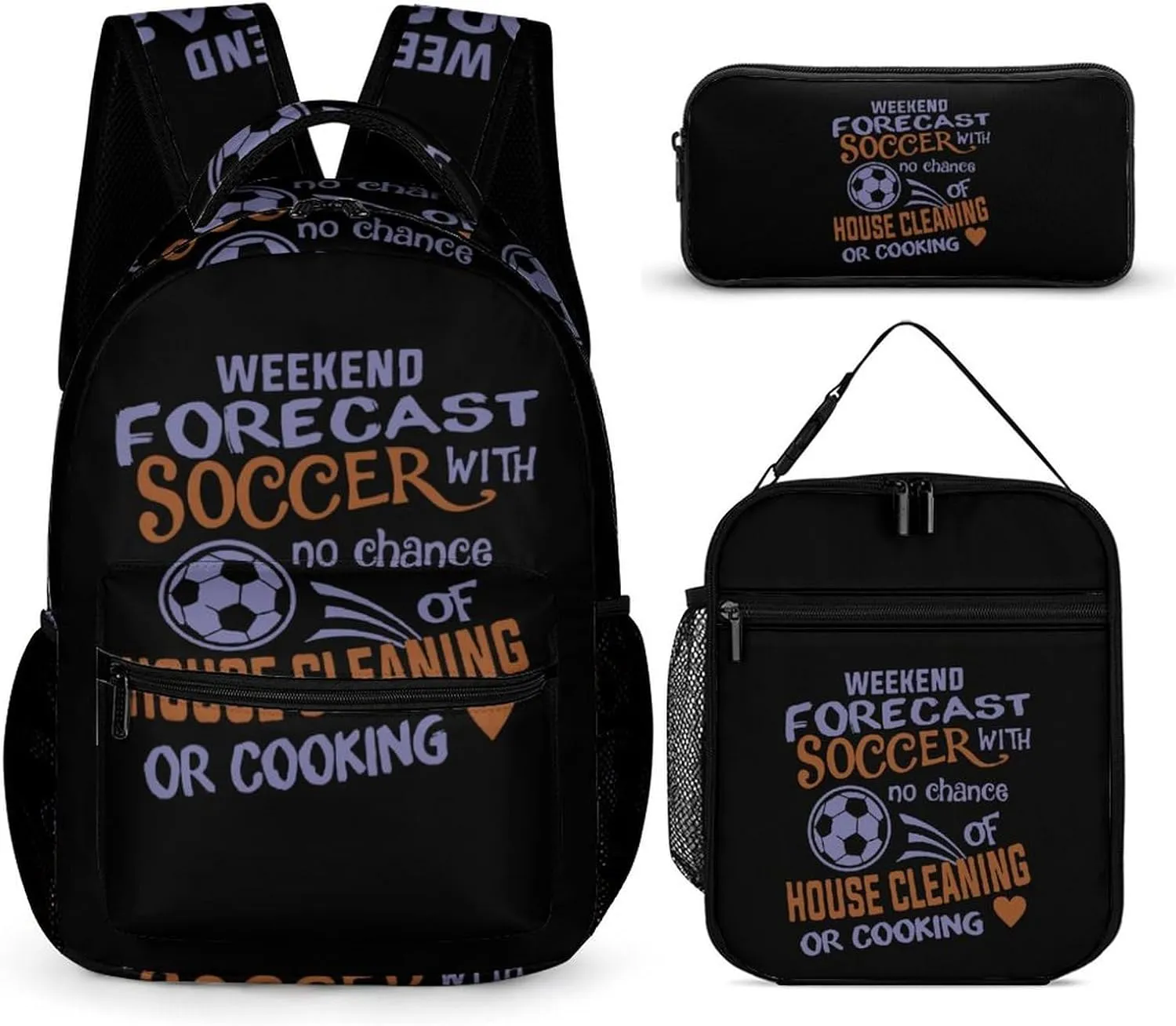 Weekend Forecast Soccer Funny Backpack Set Lunch Bag Pencil Case Bag 3 in 1 for Men Women Travel Backpacks