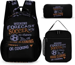 Weekend Forecast Soccer Funny Backpack Set Lunch Bag Pencil Case Bag 3 in 1 for Men Women Travel Backpacks