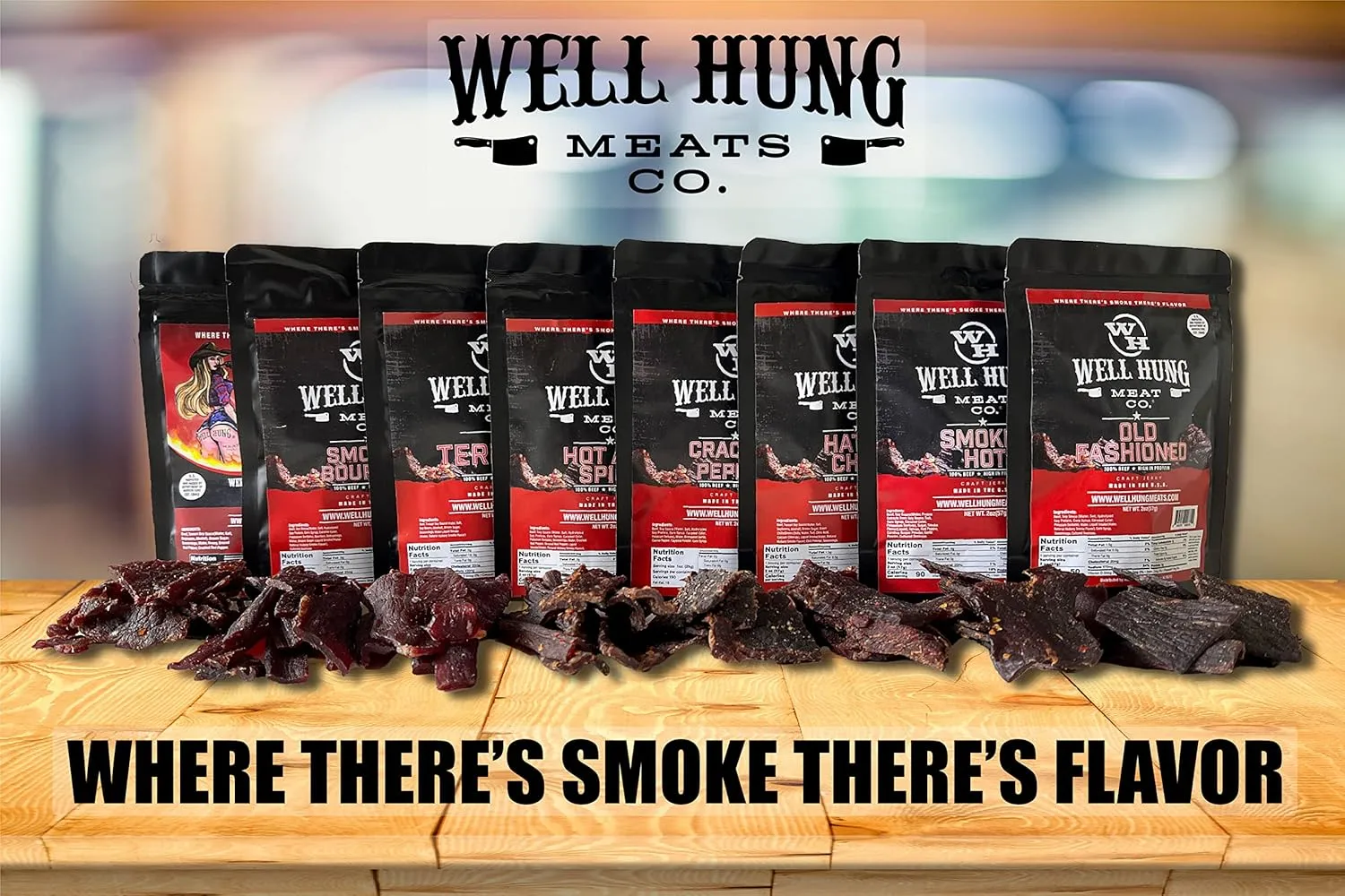 Well Hung Meats 8-Pack Sampler Craft Beef Jerky 8x2oz Resealable Bags