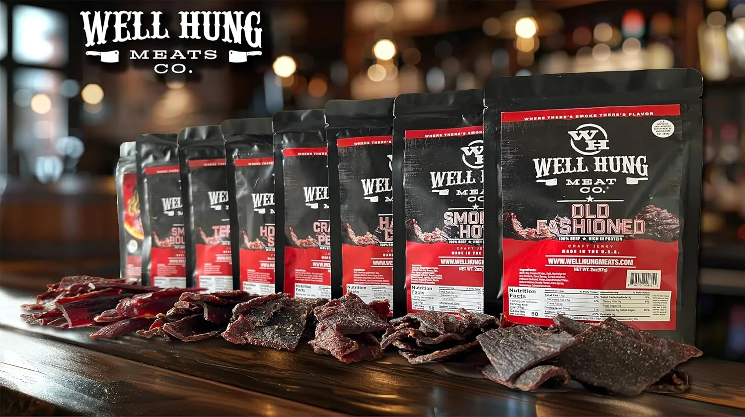 Well Hung Meats 8-Pack Sampler Craft Beef Jerky 8x2oz Resealable Bags