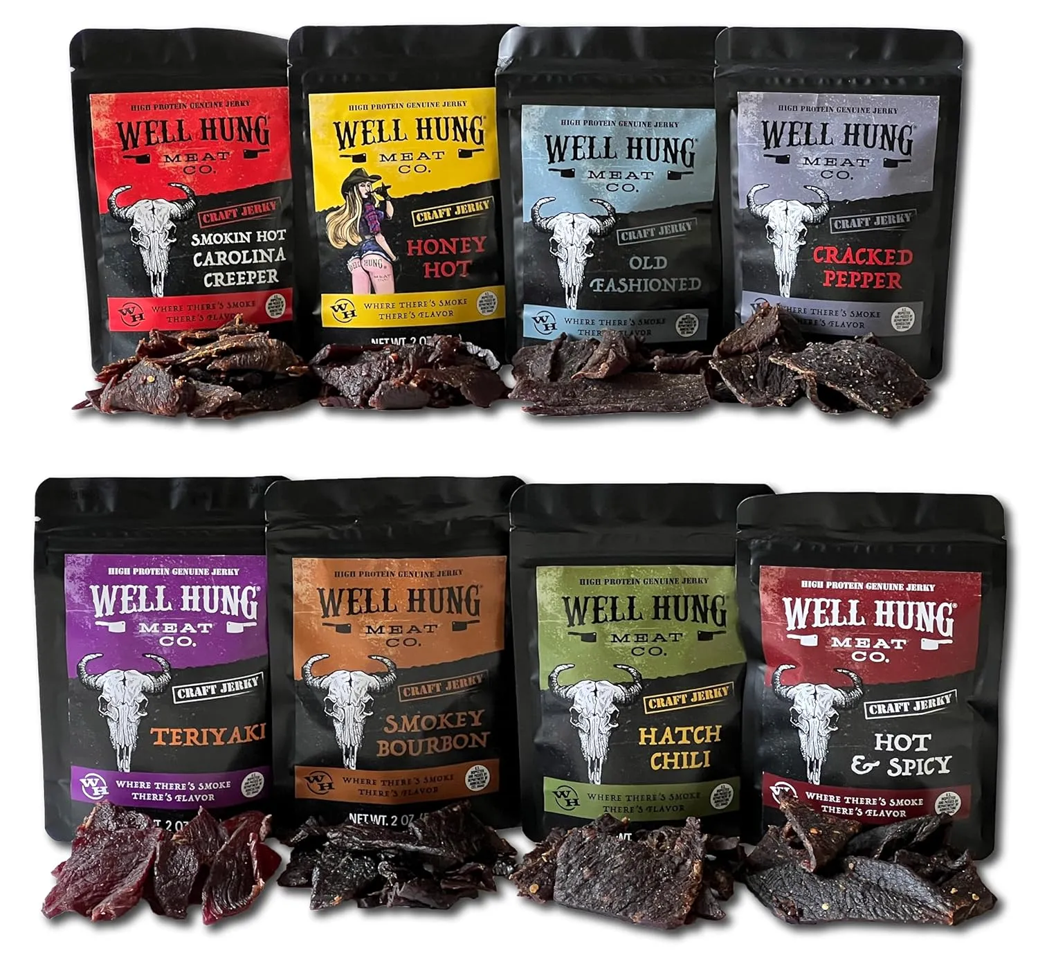 Well Hung Meats 8-Pack Sampler Craft Beef Jerky 8x2oz Resealable Bags
