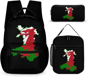 Welsh Flag Map 3 Pcs Backpacks Set Combination 16“ Travel Backpack Portable Lunch Bag Pencil Case for Unisex